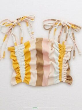 Aerie Ribbed Longline Bandeau Bikini Top Striped Multicolor Tie Strap Size M NWT